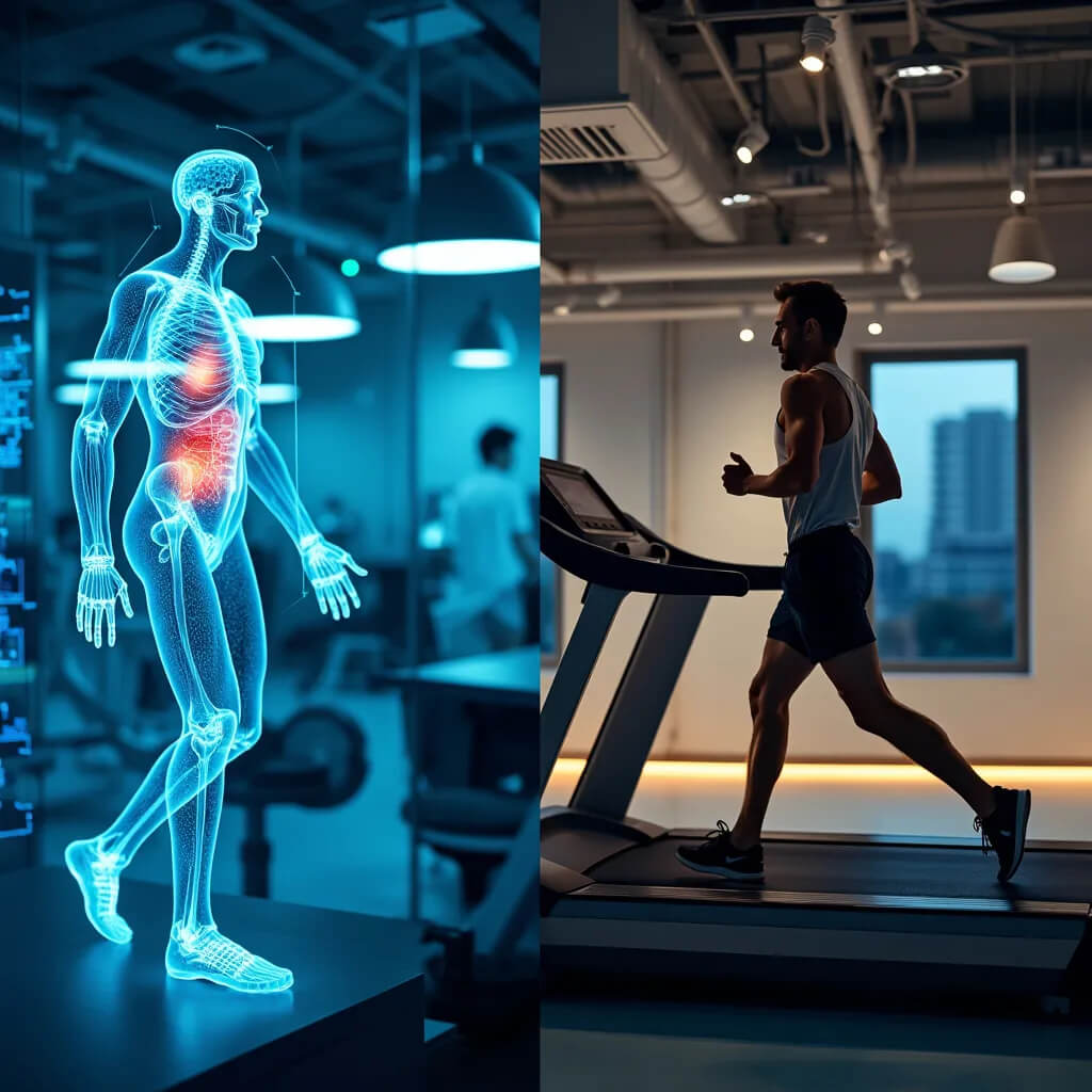 Split-screen image: left side shows a scientific laboratory with holographic displays of human anatomy; right side displays a person jogging on a treadmill with motion capture markers.