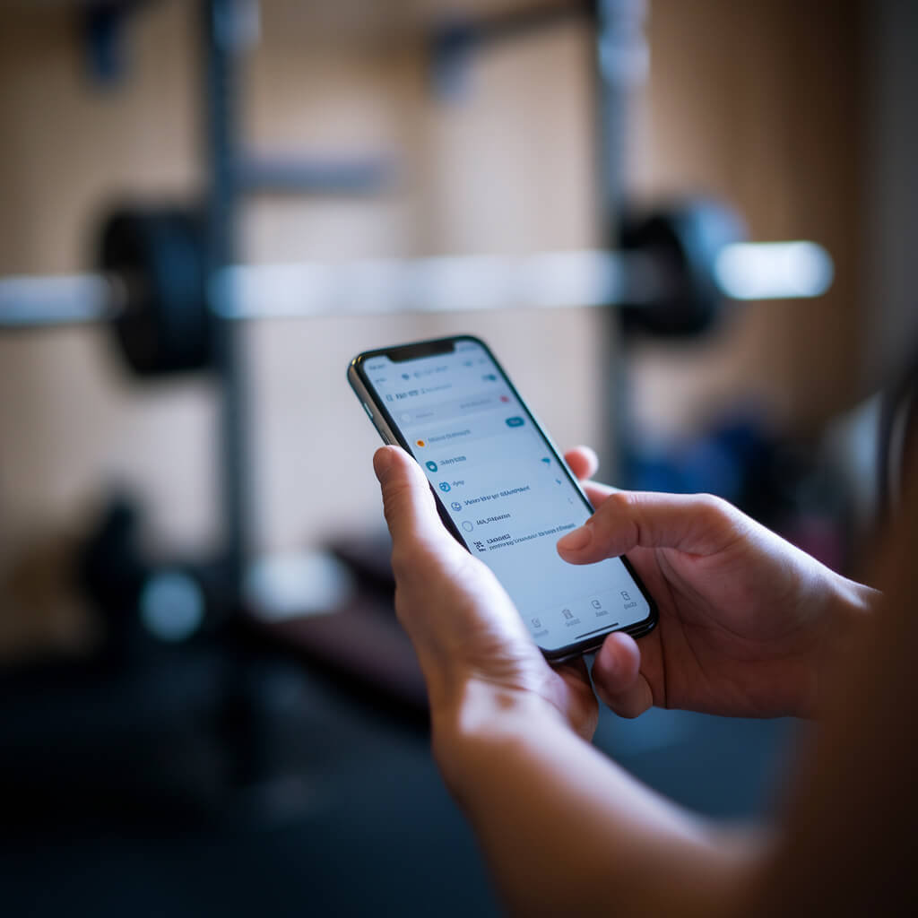 Close-up of hands holding a smartphone, scrolling through a fitness app. Background shows a blurred home gym setting.