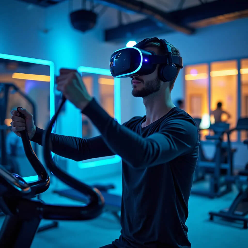 Futuristic home gym with holographic displays and AI-powered equipment