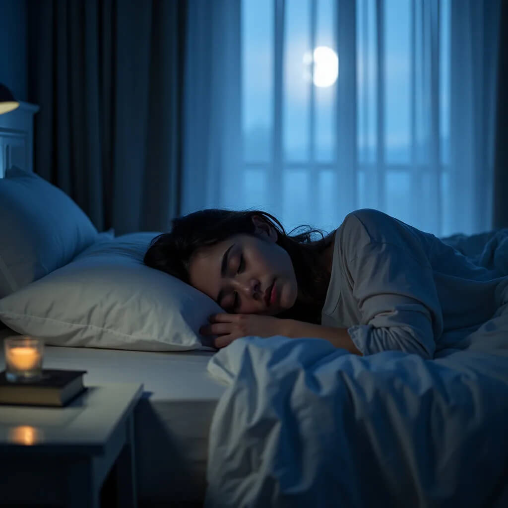 Low-light bedroom scene. Person peacefully sleeping, bedside table with glass of water and book. Soft, cool moonlight filtering through sheer curtains.