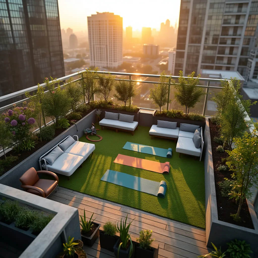 Aerial view of a rooftop garden fitness space at sunrise, featuring yoga area, weight training corner, and central turf space, surrounded by city skyline